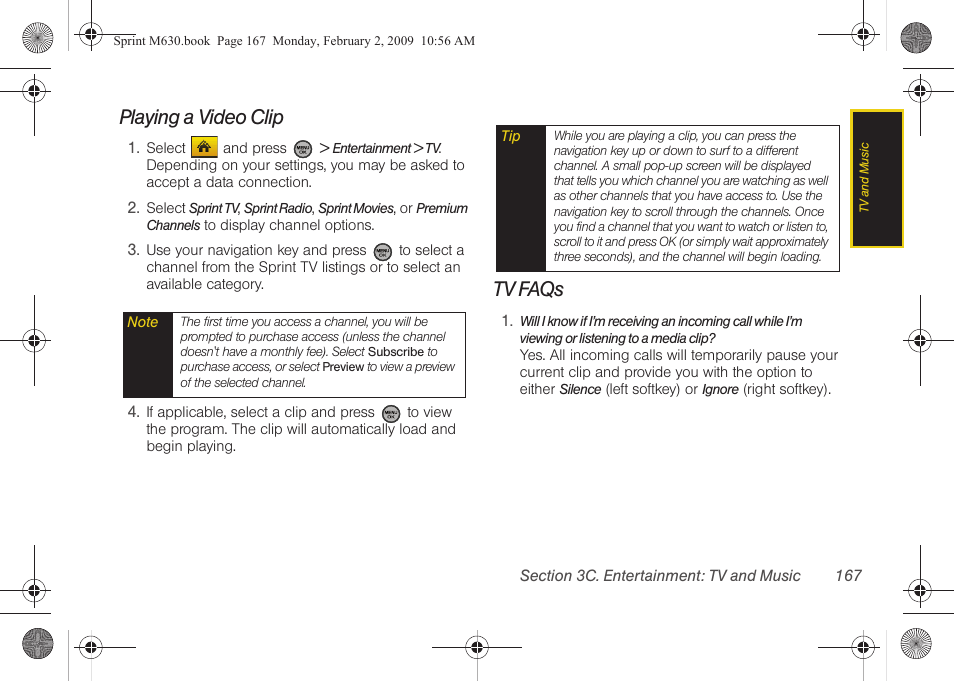 Playing a video clip, Tv faqs | Samsung SPH-M630ZKASPR User Manual | Page 183 / 223