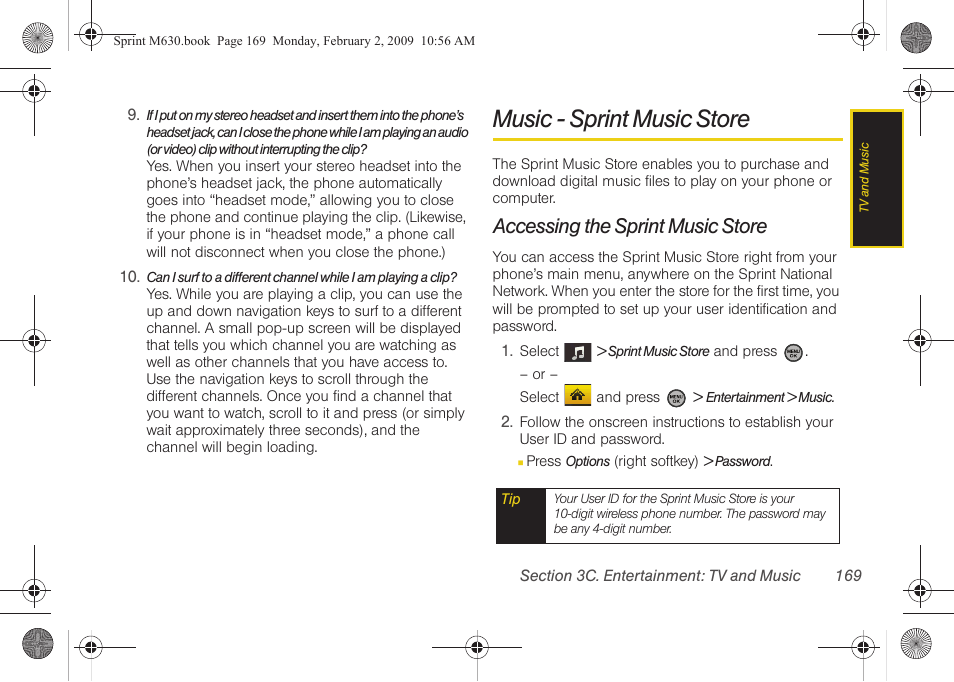 Music - sprint music store, Accessing the sprint music store | Samsung SPH-M630ZKASPR User Manual | Page 185 / 223