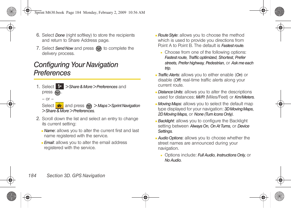 Configuring your navigation preferences | Samsung SPH-M630ZKASPR User Manual | Page 200 / 223
