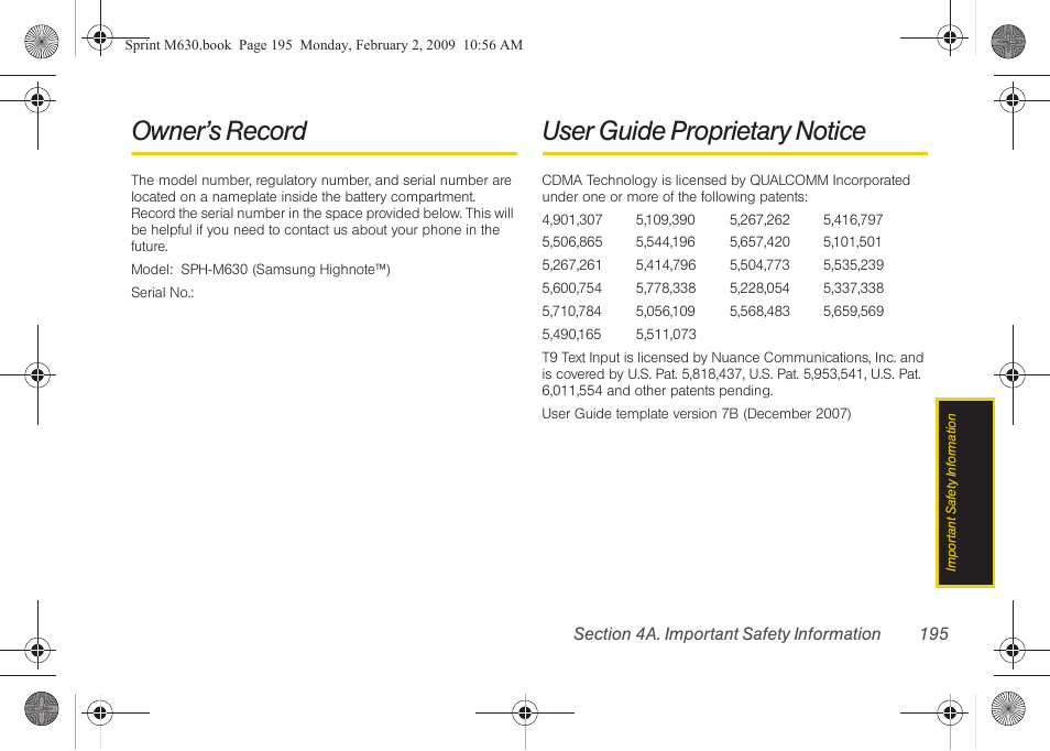 Owner’s record, User guide proprietary notice | Samsung SPH-M630ZKASPR User Manual | Page 211 / 223