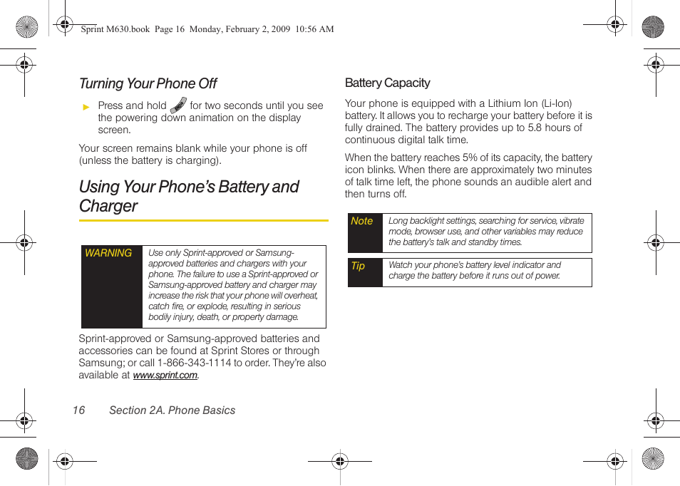 Turning your phone off, Using your phone’s battery and charger | Samsung SPH-M630ZKASPR User Manual | Page 32 / 223