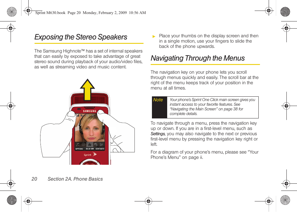 Exposing the stereo speakers, Navigating through the menus | Samsung SPH-M630ZKASPR User Manual | Page 36 / 223