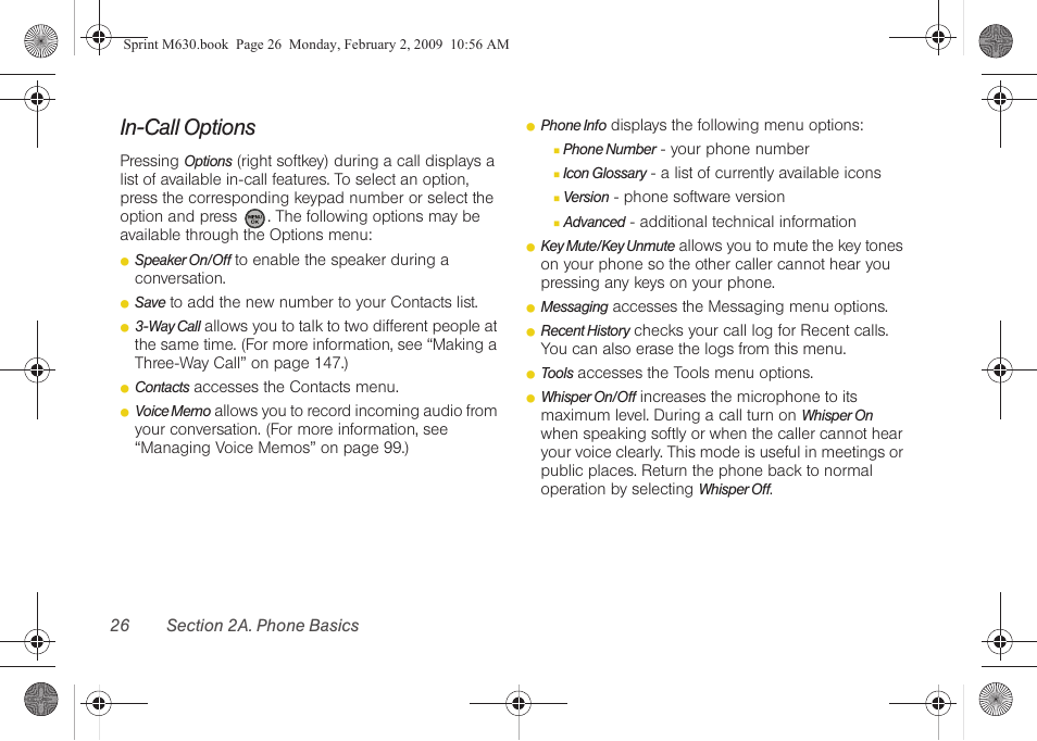 In-call options | Samsung SPH-M630ZKASPR User Manual | Page 42 / 223