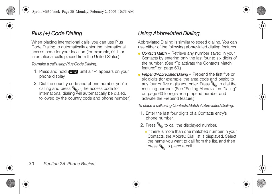 Plus (+) code dialing, Using abbreviated dialing | Samsung SPH-M630ZKASPR User Manual | Page 46 / 223