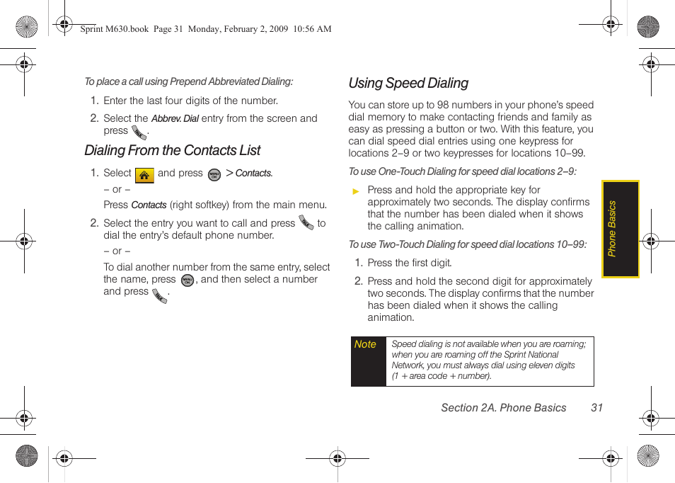 Dialing from the contacts list, Using speed dialing | Samsung SPH-M630ZKASPR User Manual | Page 47 / 223