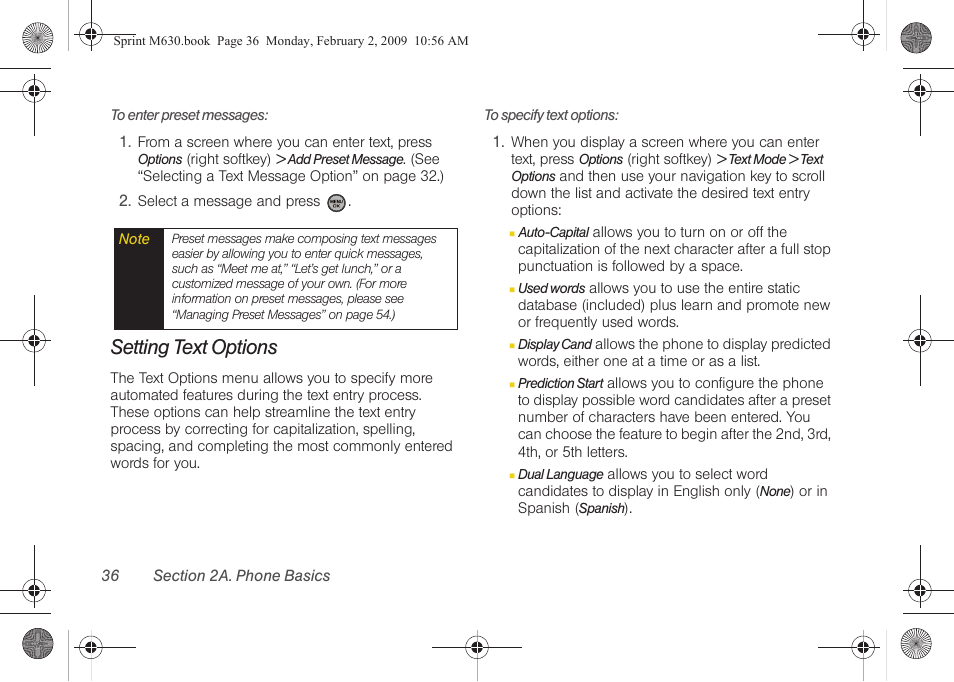 Setting text options | Samsung SPH-M630ZKASPR User Manual | Page 52 / 223