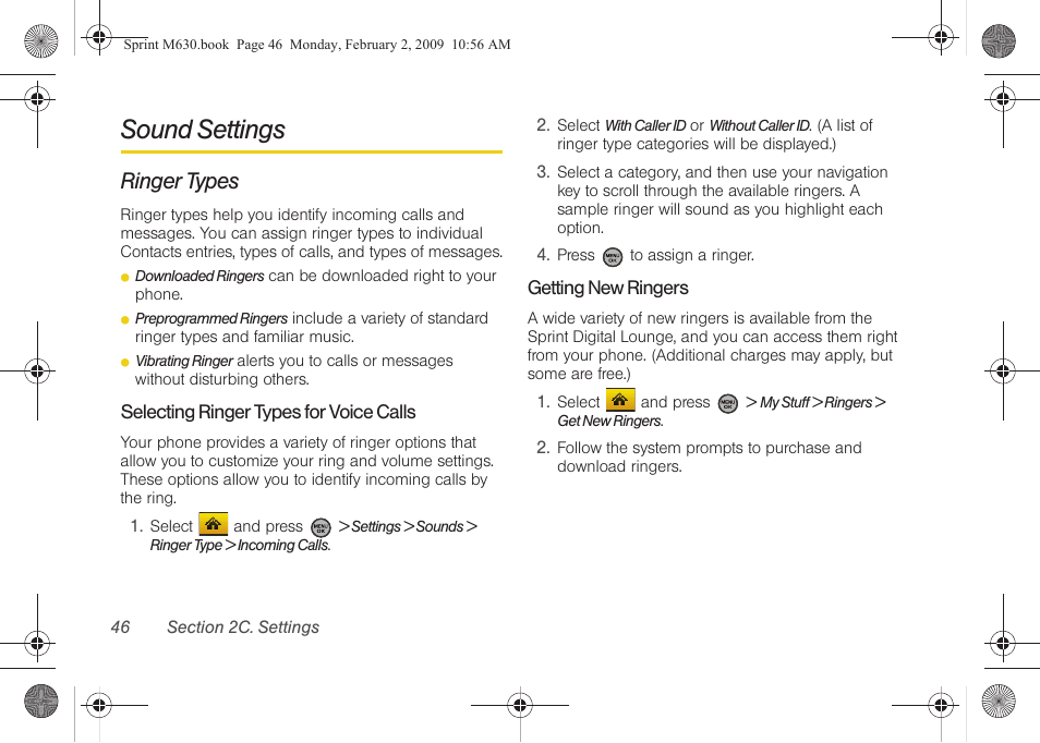 Sound settings, Ringer types | Samsung SPH-M630ZKASPR User Manual | Page 62 / 223