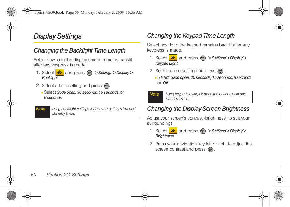 Display settings, Changing the backlight time length, Changing the keypad time length | Changing the display screen brightness | Samsung SPH-M630ZKASPR User Manual | Page 66 / 223