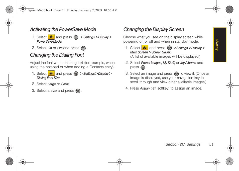 Activating the powersave mode, Changing the dialing font, Changing the display screen | Samsung SPH-M630ZKASPR User Manual | Page 67 / 223