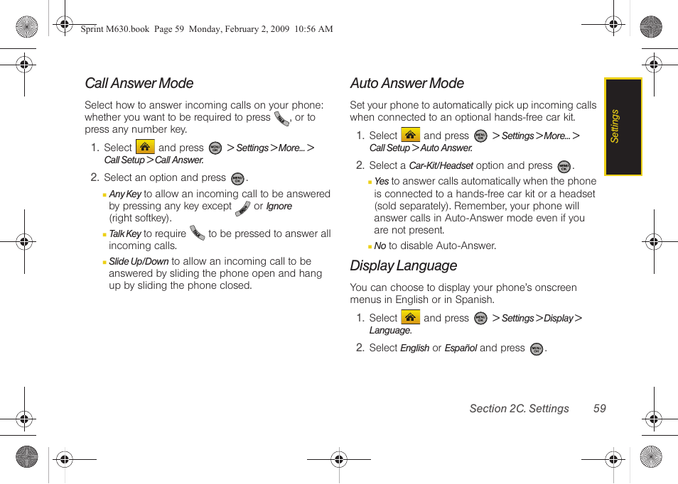 Call answer mode, Auto answer mode, Display language | See “call answer mode | Samsung SPH-M630ZKASPR User Manual | Page 75 / 223