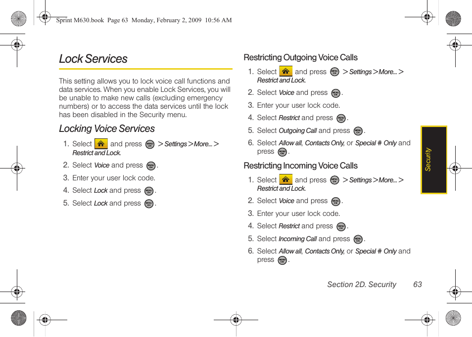 Lock services, Locking voice services | Samsung SPH-M630ZKASPR User Manual | Page 79 / 223