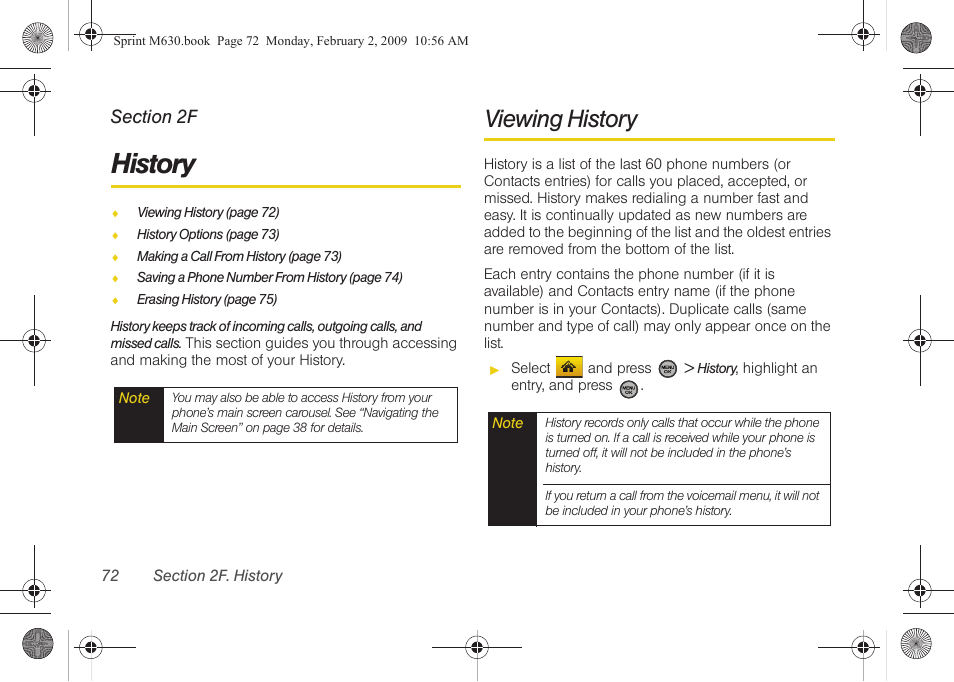 History, Viewing history, 2f. history | Samsung SPH-M630ZKASPR User Manual | Page 88 / 223