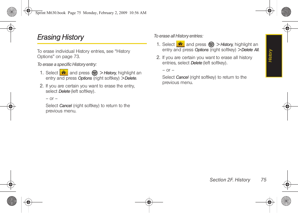 Erasing history | Samsung SPH-M630ZKASPR User Manual | Page 91 / 223