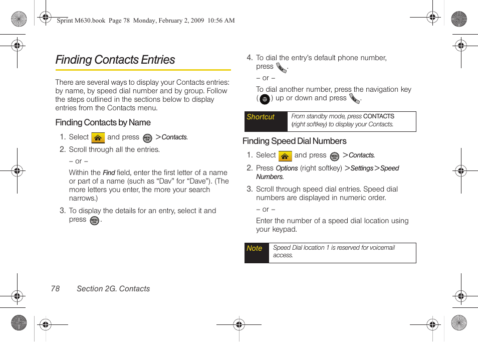 Finding contacts entries | Samsung SPH-M630ZKASPR User Manual | Page 94 / 223