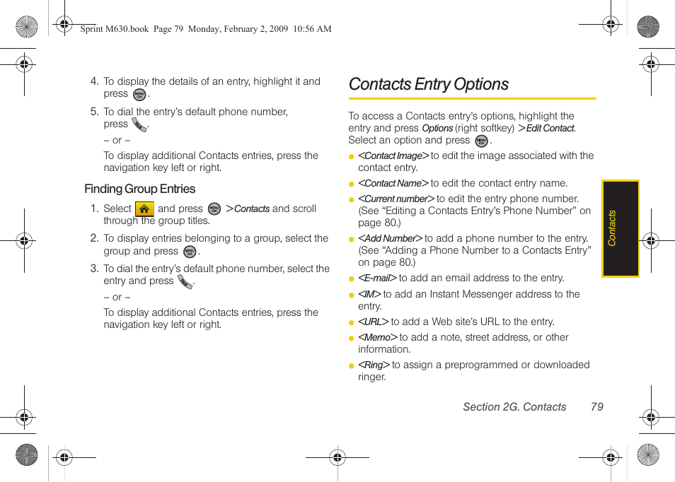 Contacts entry options | Samsung SPH-M630ZKASPR User Manual | Page 95 / 223