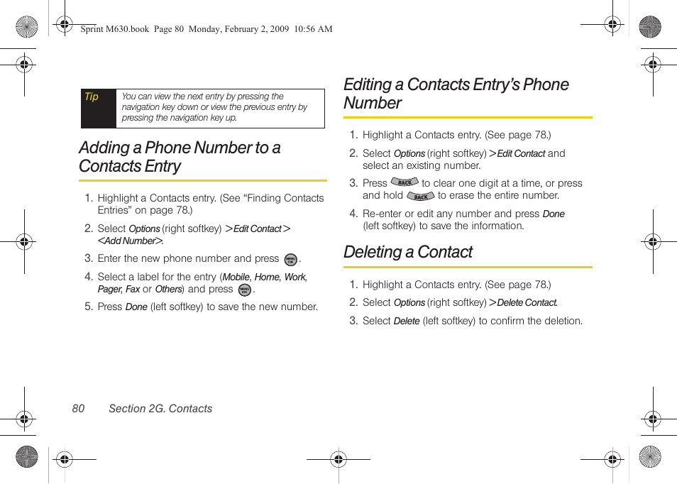 Adding a phone number to a contacts entry, Editing a contacts entry’s phone number, Deleting a contact | Adding a phone number to a contacts entry . 80 | Samsung SPH-M630ZKASPR User Manual | Page 96 / 223