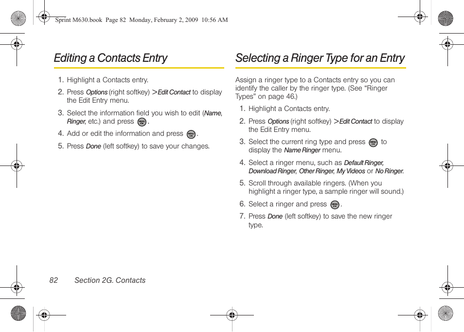 Editing a contacts entry, Selecting a ringer type for an entry | Samsung SPH-M630ZKASPR User Manual | Page 98 / 223