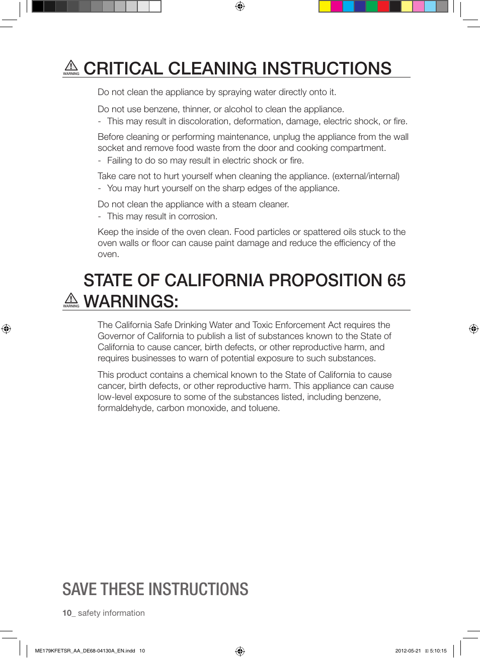 Critical cleaning instructions, State of california proposition 65 warnings, Save these instructions | Samsung ME179KFETSR-AA User Manual | Page 10 / 48