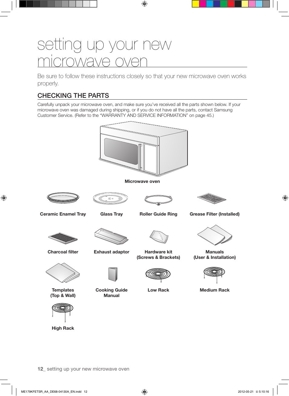 Setting up your new microwave oven, Checking the parts | Samsung ME179KFETSR-AA User Manual | Page 12 / 48