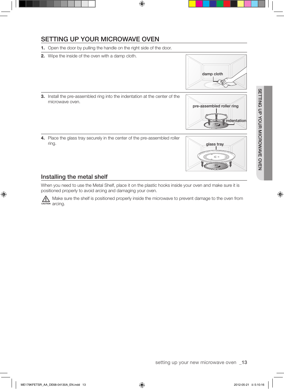 Setting up your microwave oven, Installing the metal shelf | Samsung ME179KFETSR-AA User Manual | Page 13 / 48