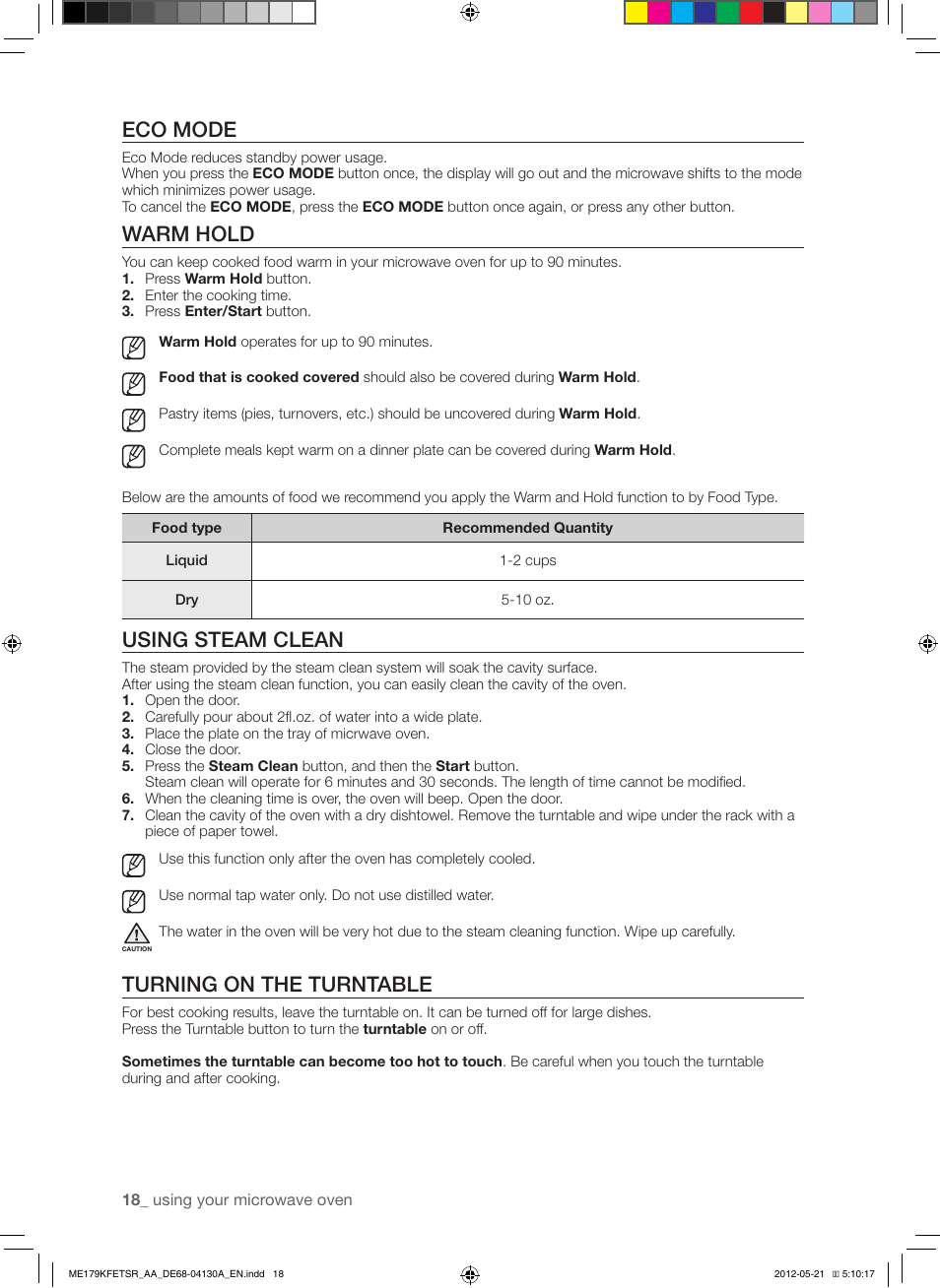 Eco mode, Warm hold, Using steam clean | Turning on the turntable | Samsung ME179KFETSR-AA User Manual | Page 18 / 48