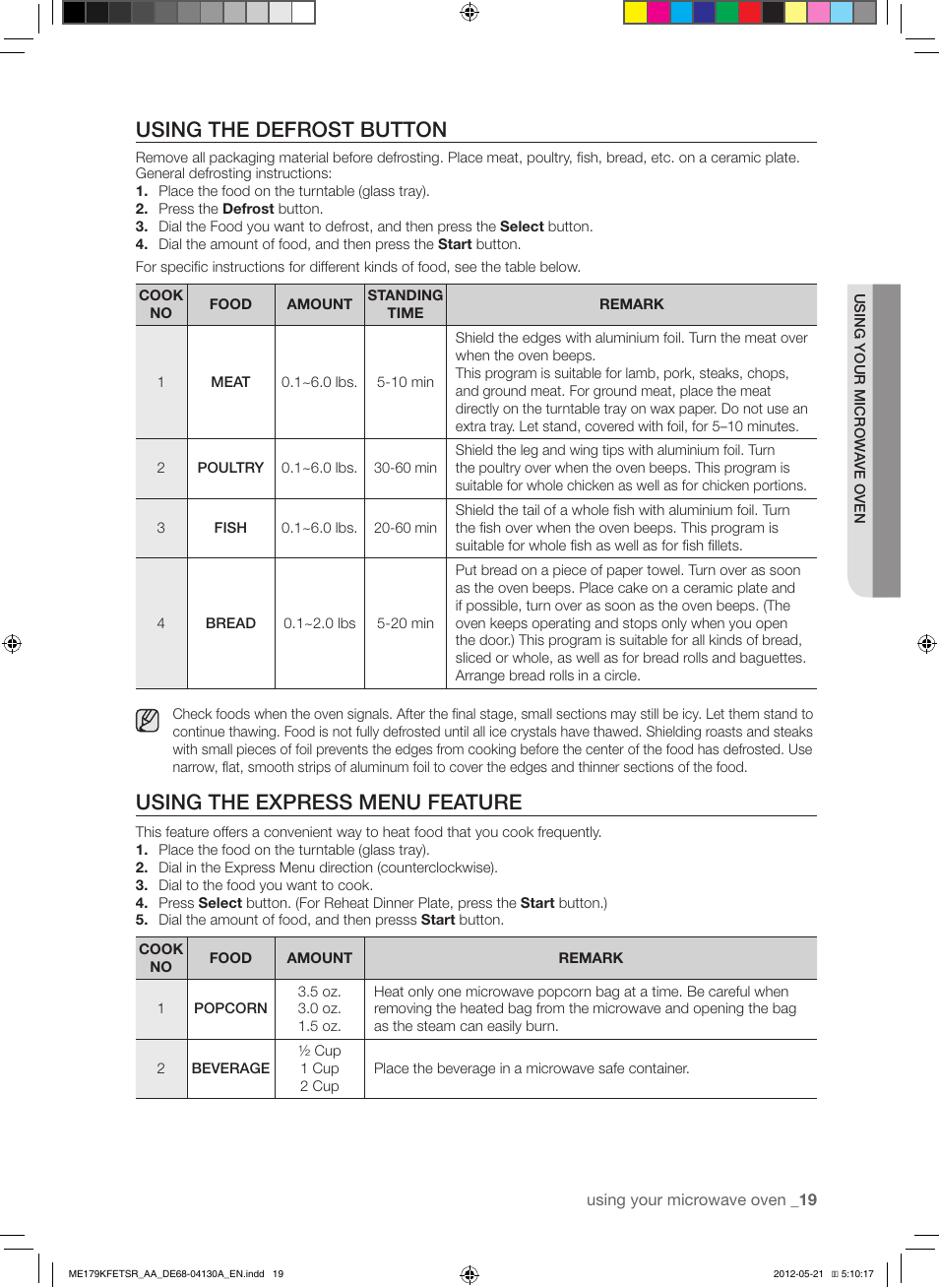 Using the defrost button, Using the express menu feature | Samsung ME179KFETSR-AA User Manual | Page 19 / 48