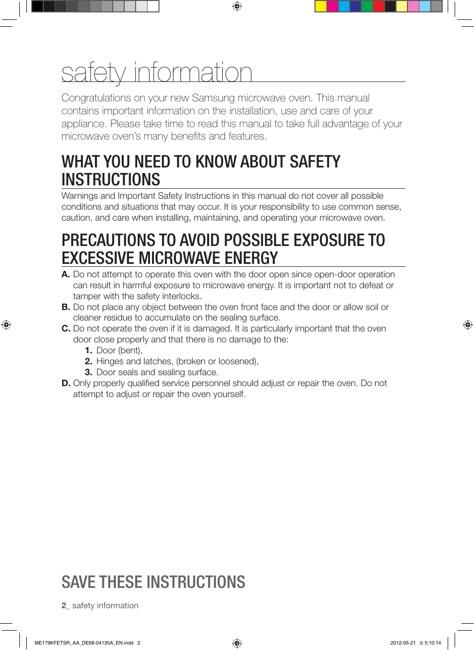 Safety information, What you need to know about safety instructions, Save these instructions | Samsung ME179KFETSR-AA User Manual | Page 2 / 48