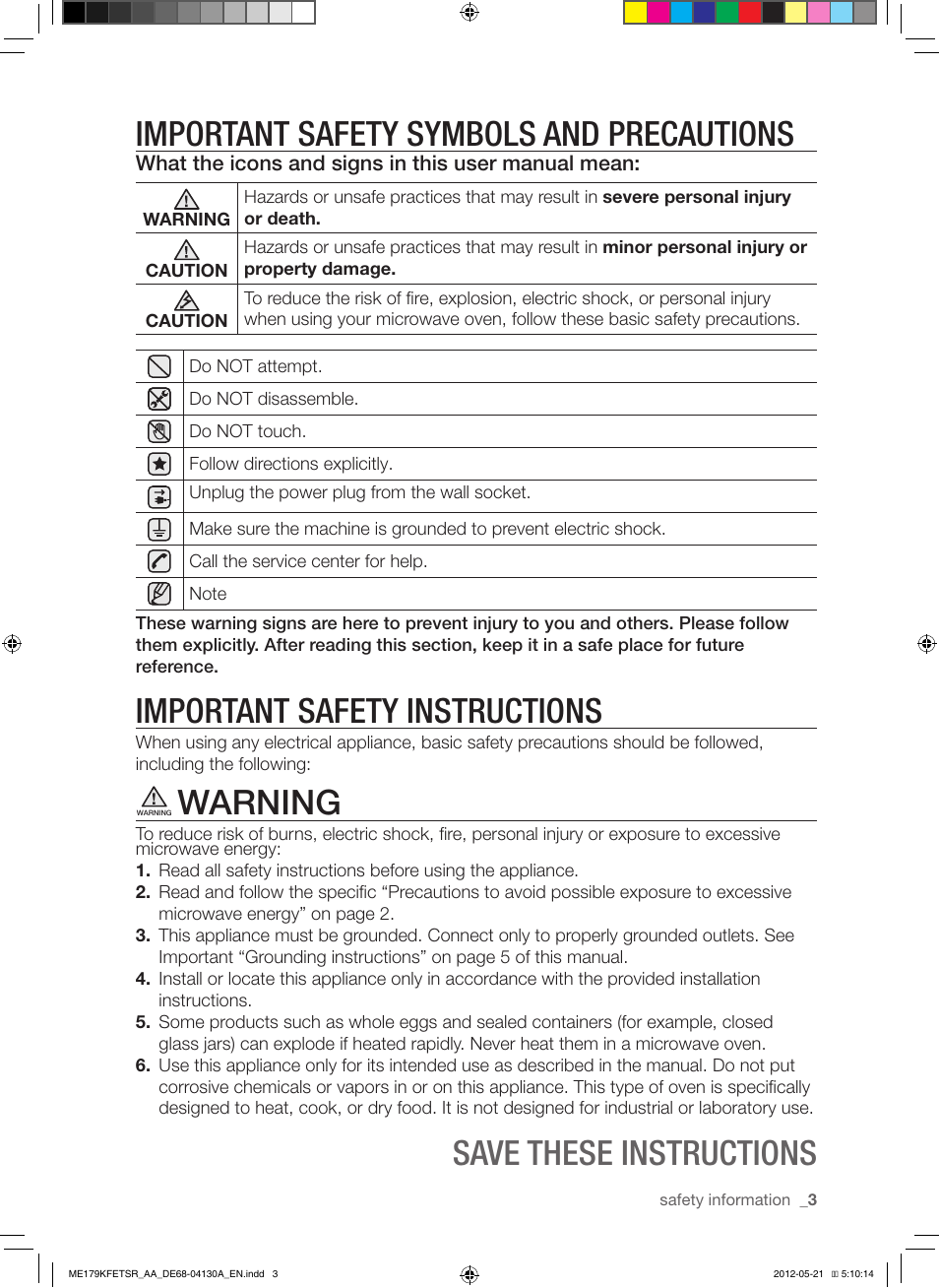 Important safety instructions, Warning | Samsung ME179KFETSR-AA User Manual | Page 3 / 48