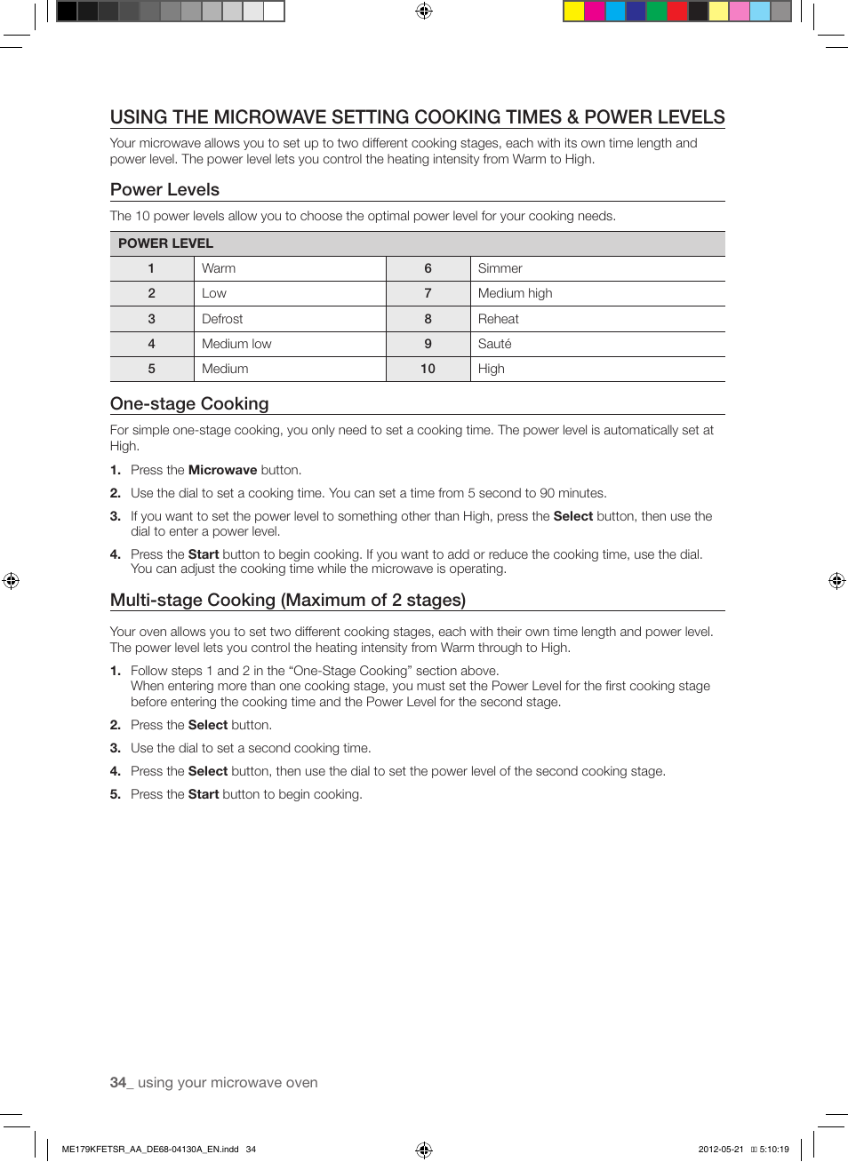 Power levels, One-stage cooking, Multi-stage cooking (maximum of 2 stages) | Samsung ME179KFETSR-AA User Manual | Page 34 / 48