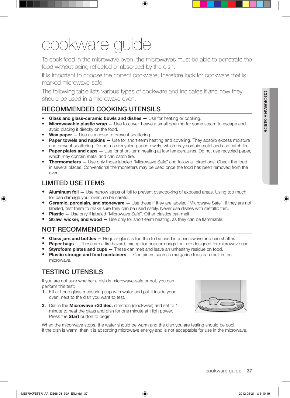 Cookware guide, Recommended cooking utensils, Limited use items | Not recommended, Testing utensils | Samsung ME179KFETSR-AA User Manual | Page 37 / 48