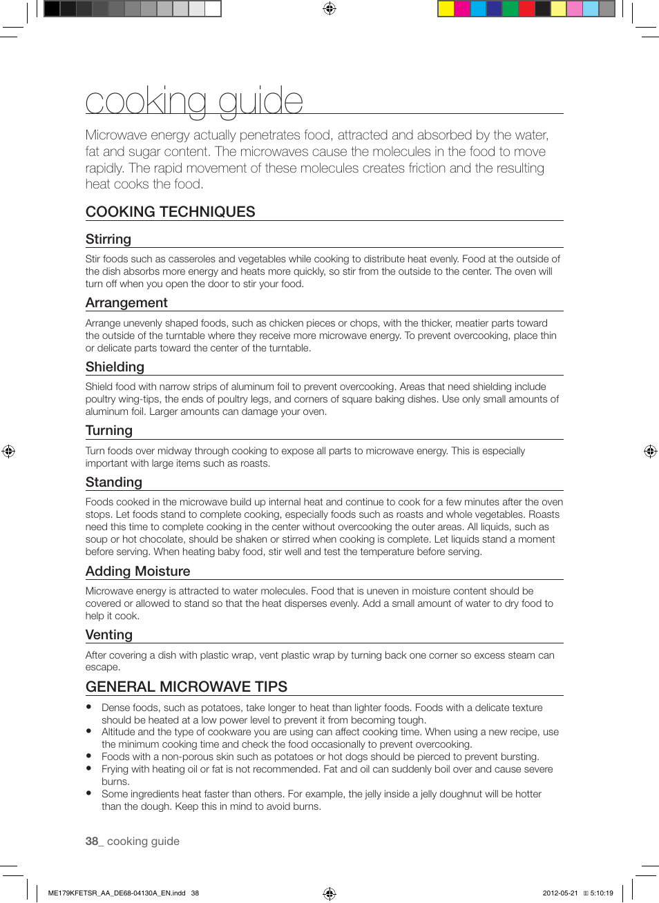 Cooking guide, Cooking techniques, General microwave tips | Samsung ME179KFETSR-AA User Manual | Page 38 / 48