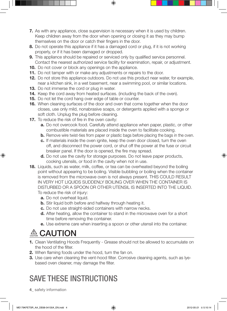 Caution, Save these instructions | Samsung ME179KFETSR-AA User Manual | Page 4 / 48