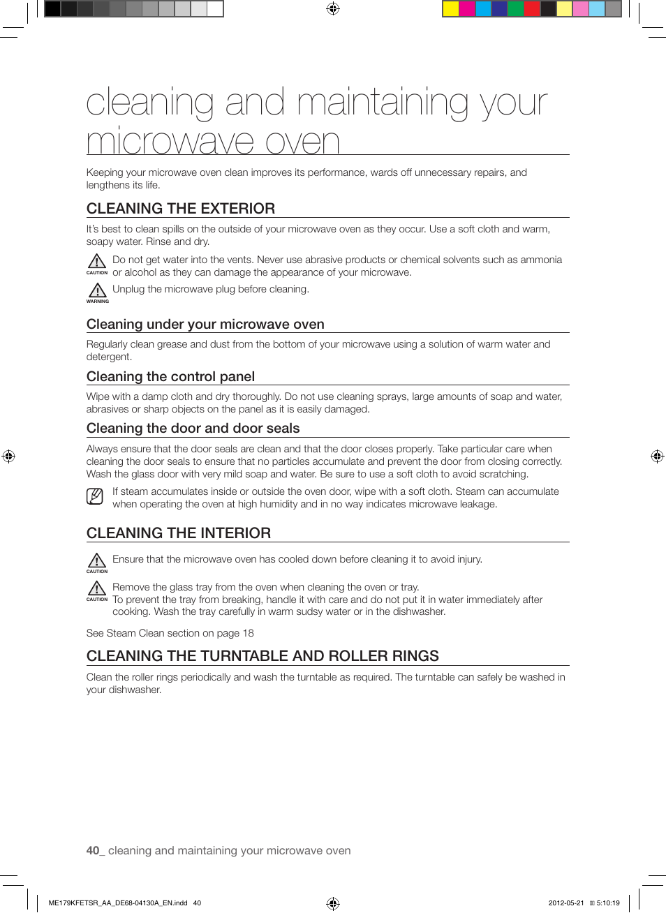 Cleaning and maintaining your microwave oven, Cleaning the exterior, Cleaning the interior | Cleaning the turntable and roller rings | Samsung ME179KFETSR-AA User Manual | Page 40 / 48