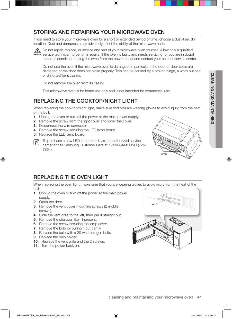 Storing and repairing your microwave oven, Replacing the cooktop/night light, Replacing the oven light | Samsung ME179KFETSR-AA User Manual | Page 41 / 48