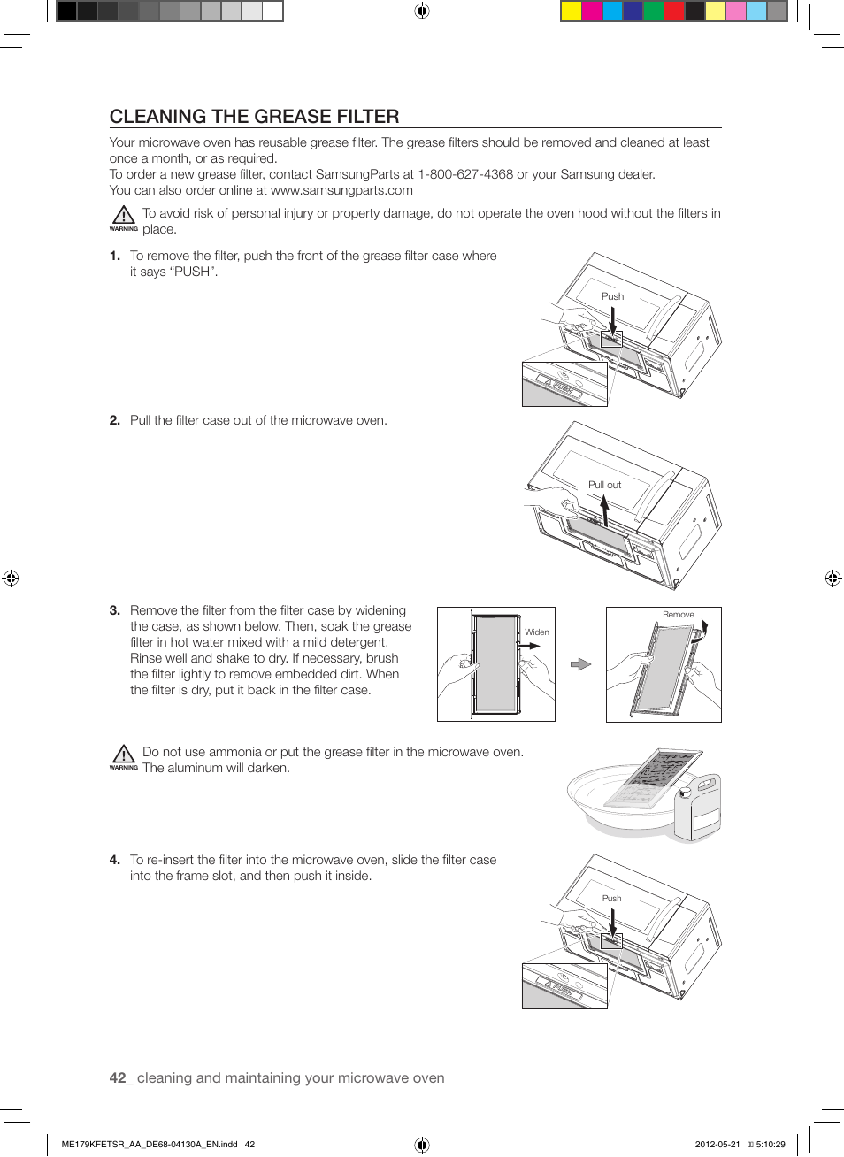 Cleaning the grease filter, 42_ cleaning and maintaining your microwave oven | Samsung ME179KFETSR-AA User Manual | Page 42 / 48