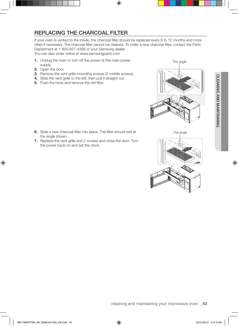 Replacing the charcoal filter | Samsung ME179KFETSR-AA User Manual | Page 43 / 48