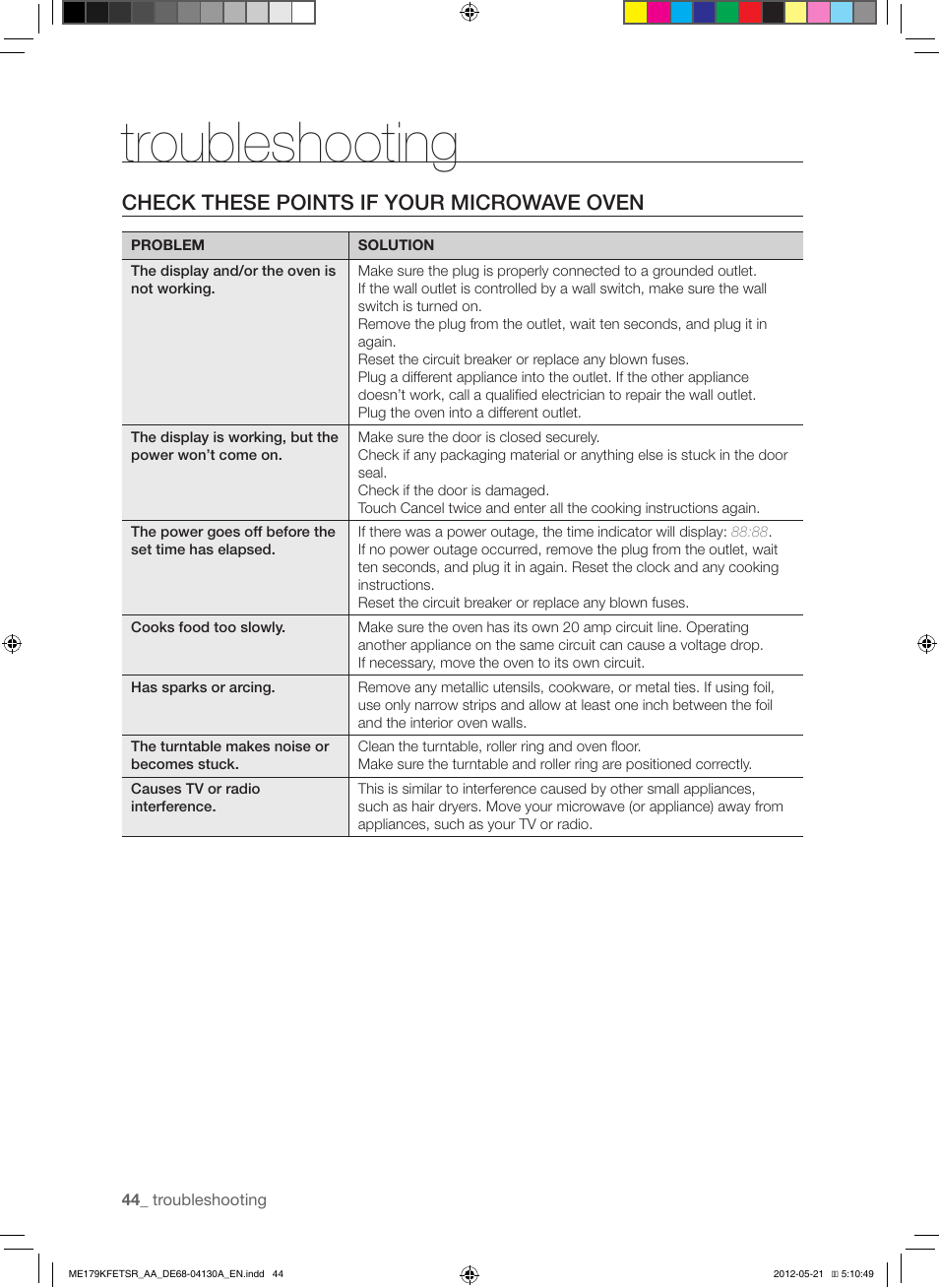 Troubleshooting, Check these points if your microwave oven | Samsung ME179KFETSR-AA User Manual | Page 44 / 48