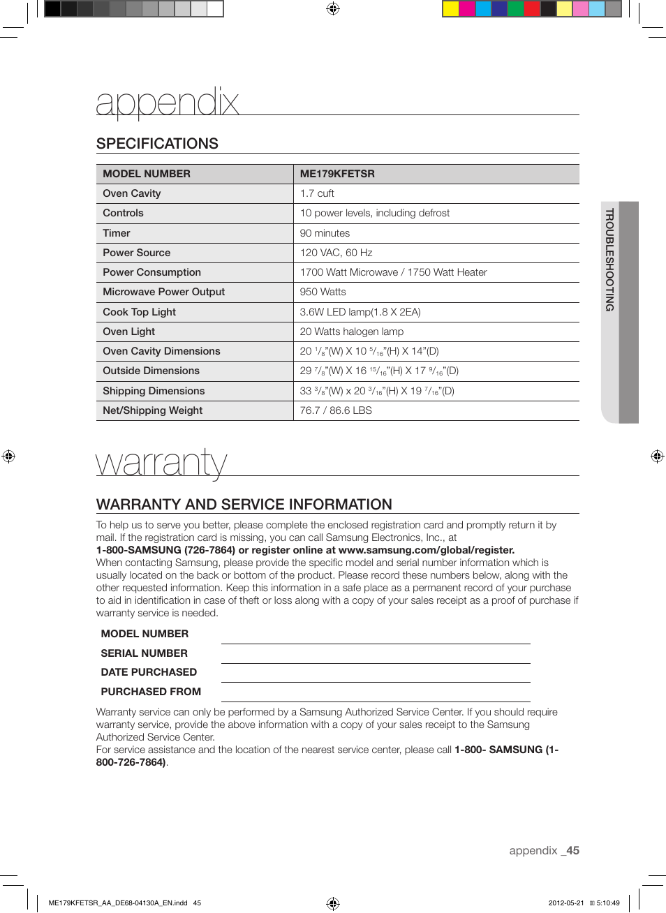 Appendix, Warranty, Specifications | Warranty and service information | Samsung ME179KFETSR-AA User Manual | Page 45 / 48