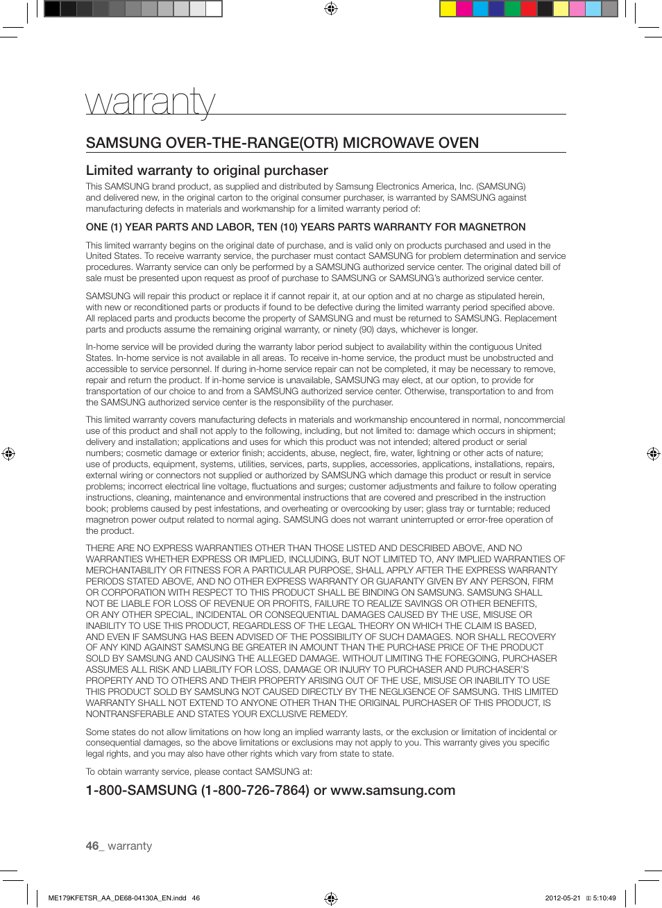 Warranty, Samsung over-the-range(otr) microwave oven | Samsung ME179KFETSR-AA User Manual | Page 46 / 48