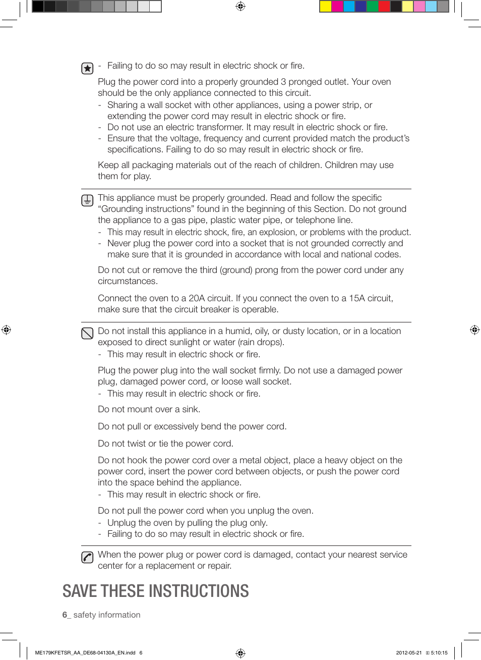 Save these instructions | Samsung ME179KFETSR-AA User Manual | Page 6 / 48