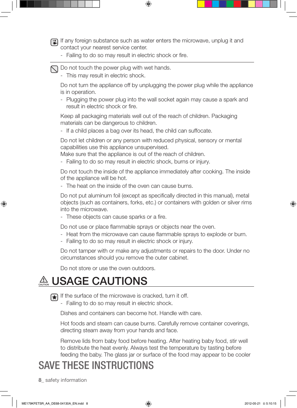 Usage cautions, Save these instructions | Samsung ME179KFETSR-AA User Manual | Page 8 / 48
