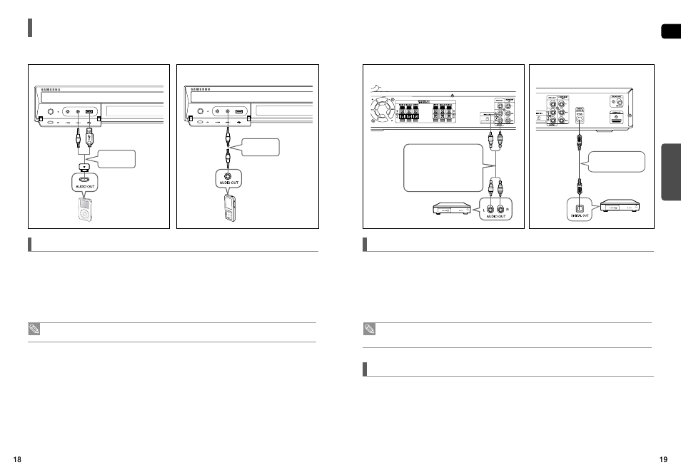 Connecting audio from external components, Optical : connecting an external digital component, Aux2 : connecting an external analog component | Samsung HT-X50T-XAA User Manual | Page 10 / 33