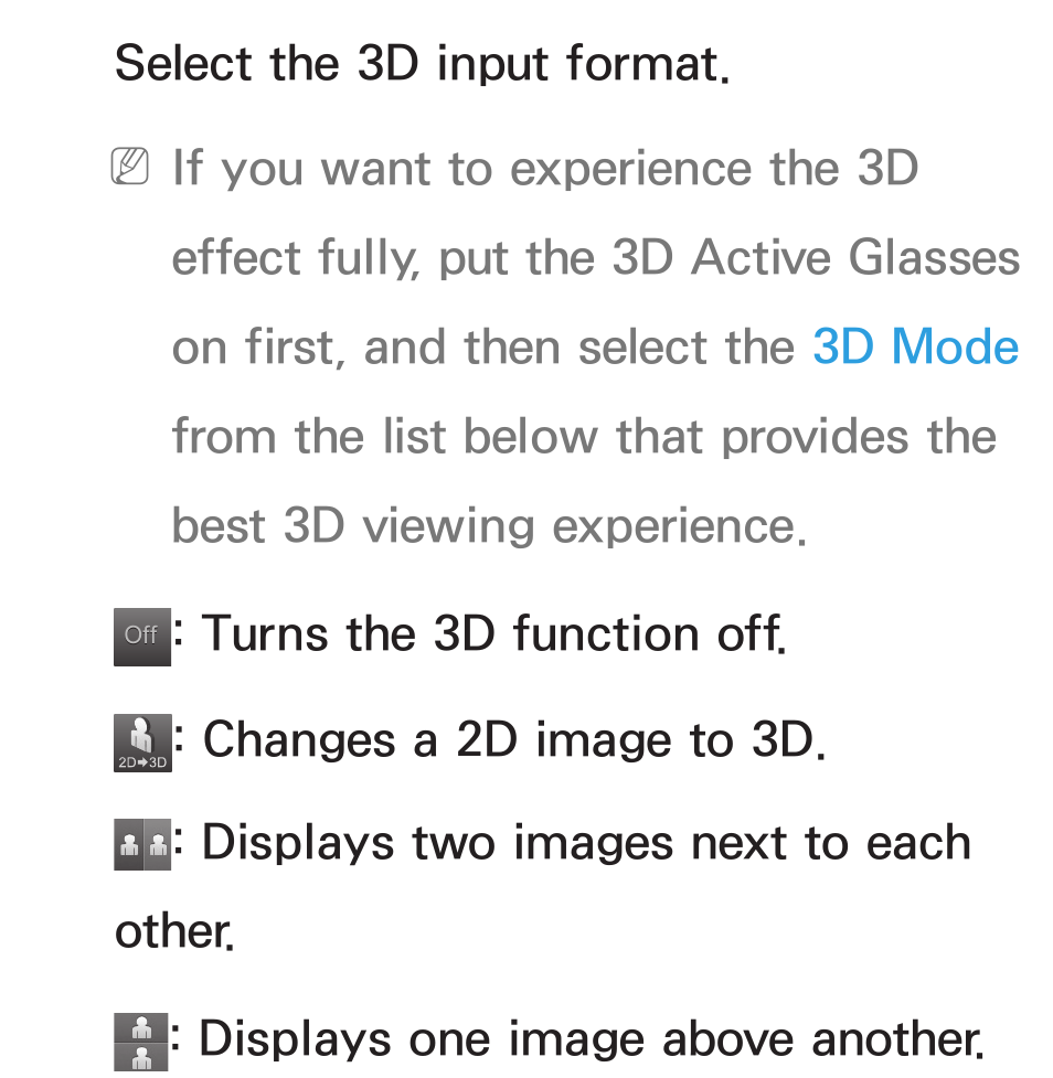 Select the 3d input format | Samsung UN55ES8000GXZE User Manual | Page 263 / 813