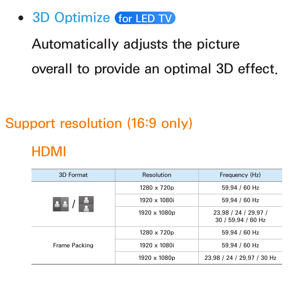 3d optimize, For led tv | Samsung UN55ES8000GXZE User Manual | Page 269 / 813