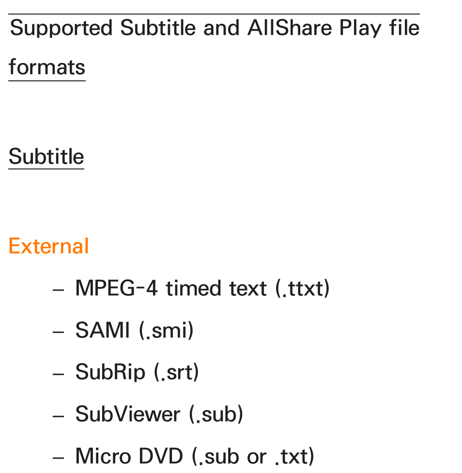 Supported subtitle and, Allshare play file formats | Samsung UN55ES8000GXZE User Manual | Page 799 / 813