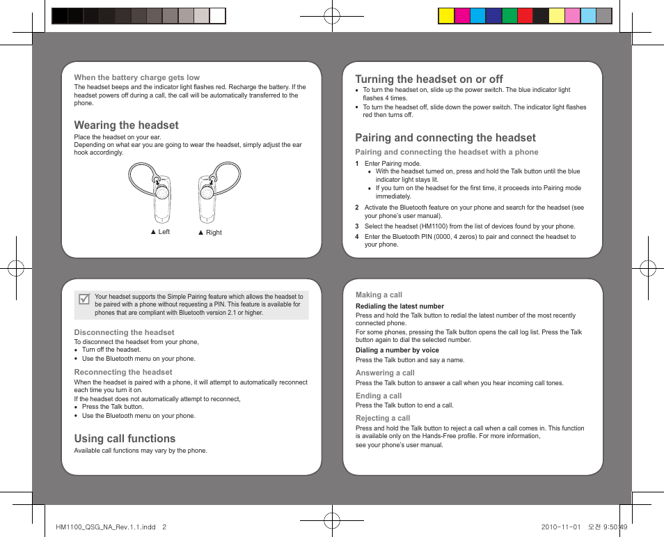 Wearing the headset, Turning the headset on or off, Pairing and connecting the headset | Using call functions | Samsung BHM1100NBACSTA User Manual | Page 2 / 2