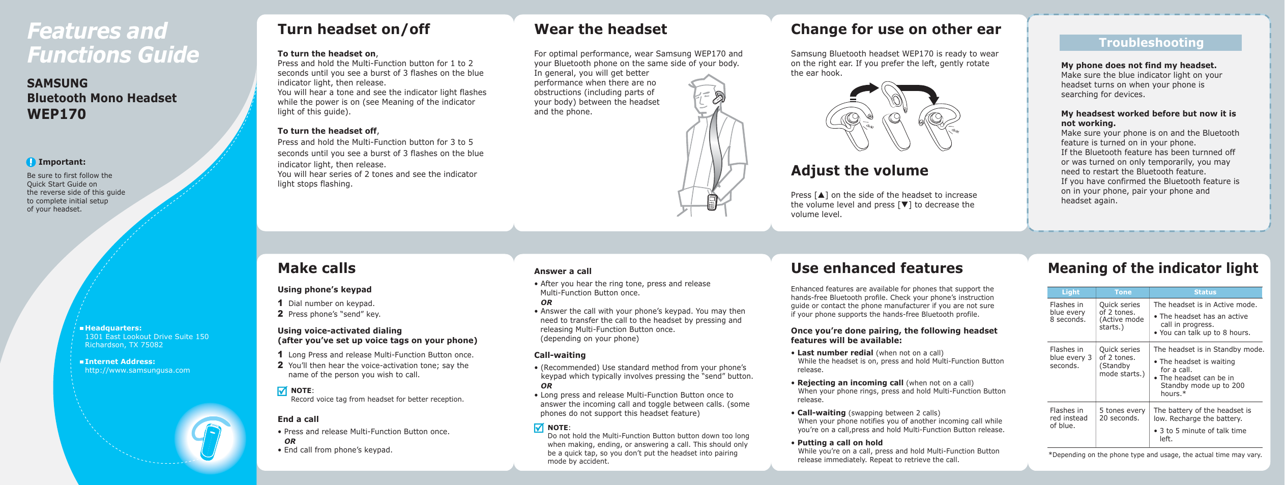 Features and functions guide, Wep170, Turn headset on/off | Adjust the volume, Make calls, Samsung bluetooth mono headset, Troubleshooting | Samsung WEP170JBEG-XAR User Manual | Page 2 / 2