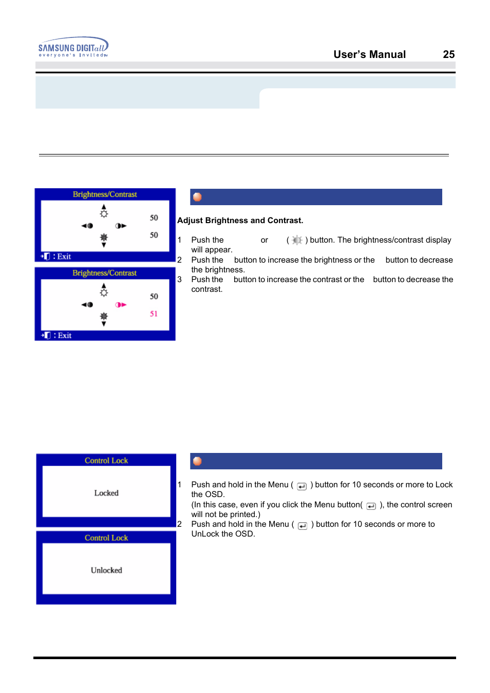 On-screen display, Brightness/contrast osd lock/unlock, User’s manual 25 | Samsung PG19NSBU-ADC User Manual | Page 27 / 88