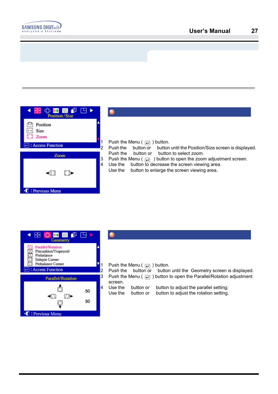 On-screen display, Zoom parallel/rotation, User’s manual 27 | Menu, How to adjust | Samsung PG19NSBU-ADC User Manual | Page 29 / 88