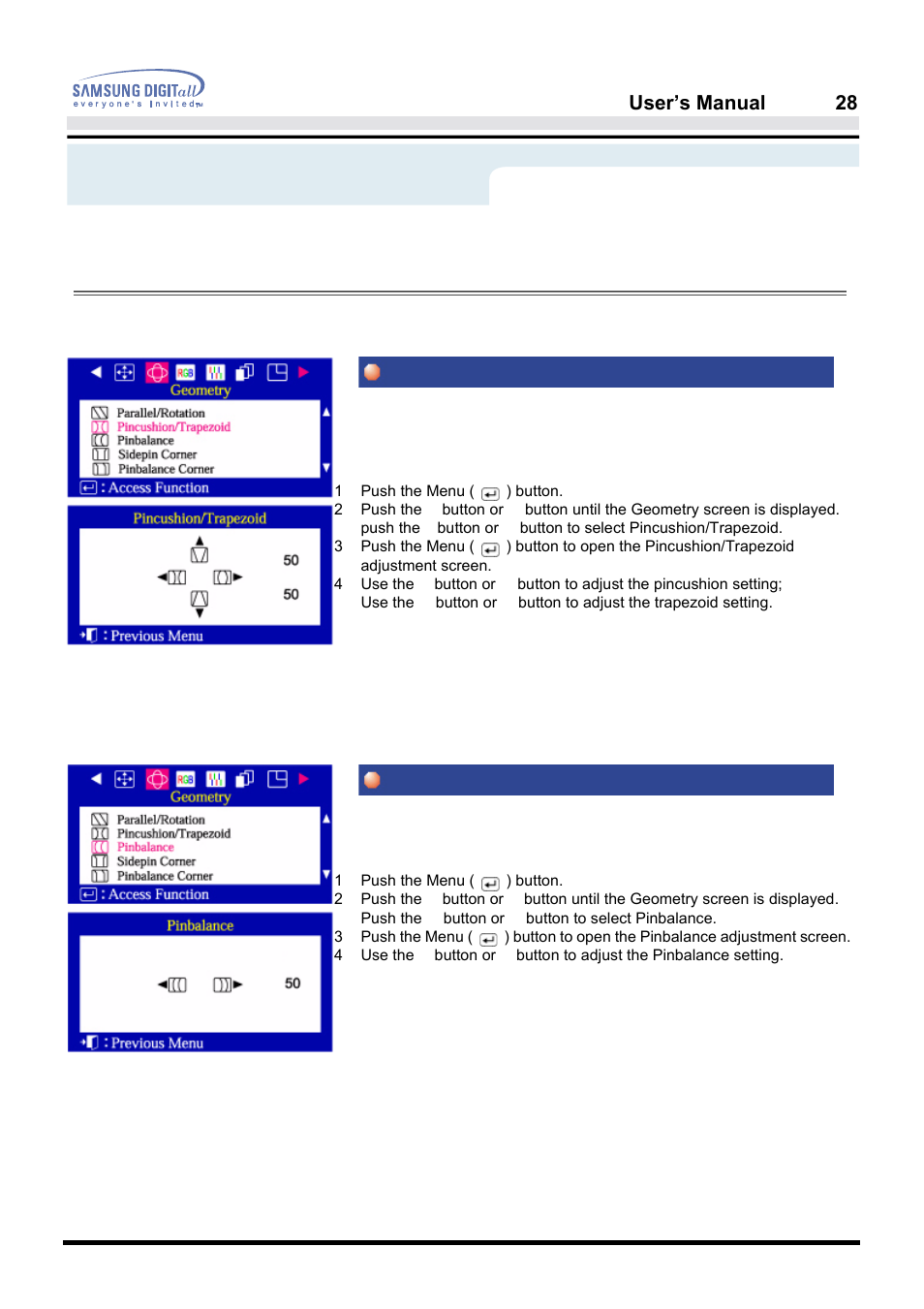 On-screen display, Pincushion/trapezoid pinbalance, User’s manual 28 | Menu, How to adjust | Samsung PG19NSBU-ADC User Manual | Page 30 / 88